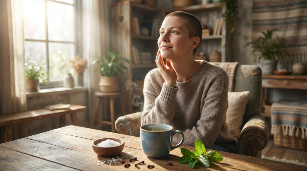 Femme sereine aux cheveux courts dans un salon lumineux. Sur la table : tasse fumante, sel, clous de girofle et menthe fraîche, pour des remèdes naturels.