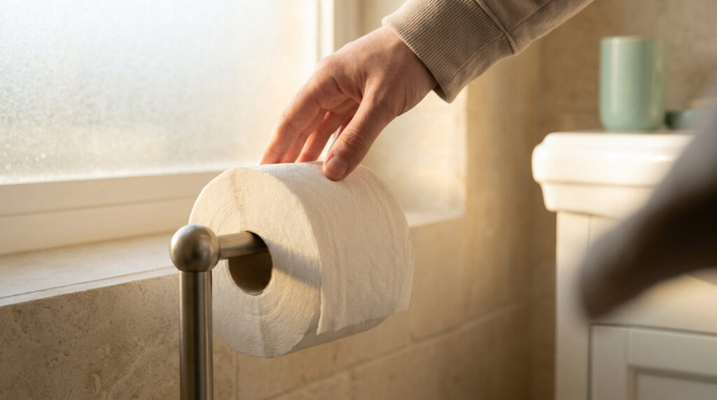 Une main prend un rouleau de papier toilette blanc sur un porte-papier mural. Une fenêtre diffuse de la lumière dans la salle de bain.