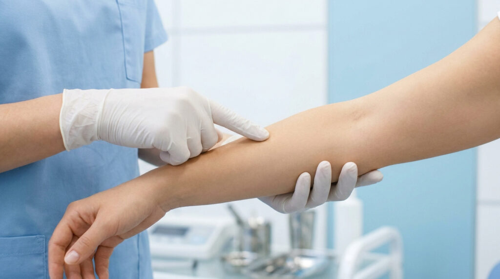 Un professionnel ganté applique un petit pansement adhésif sur l'avant-bras d'un patient dans un cadre médical.