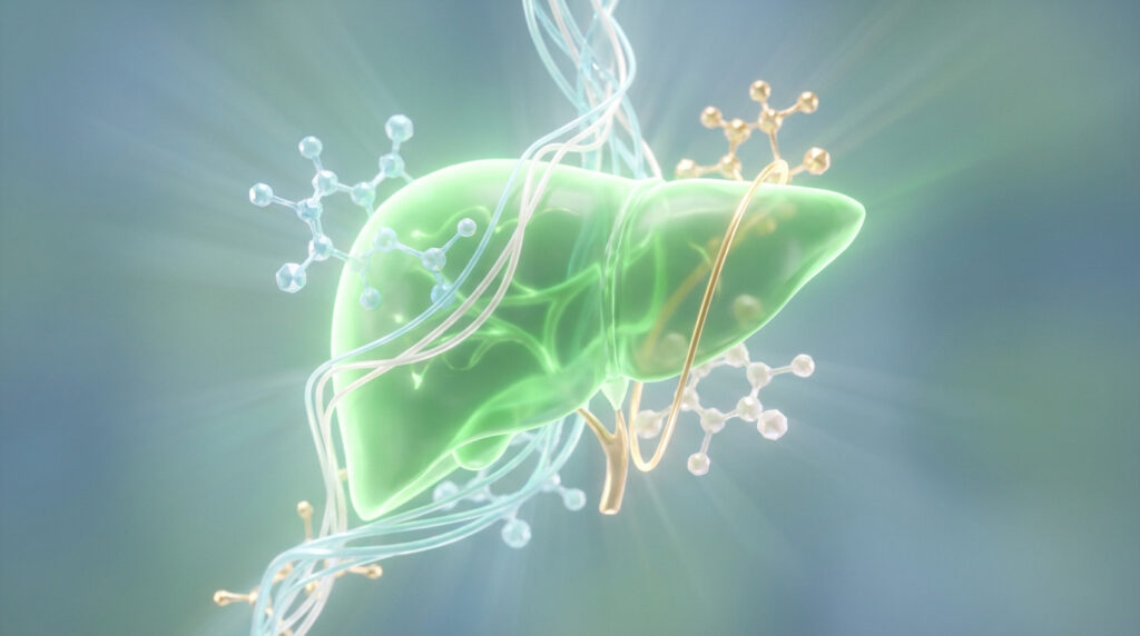 Illustration 3D d'un foie entouré de molécules de collagène et de peptides sur fond bleu et vert.