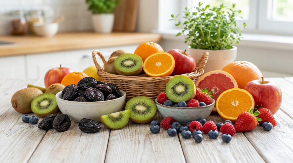Assortiment coloré de fruits frais et de pruneaux sur une table en bois clair. Kiwis, pommes, oranges, baies.