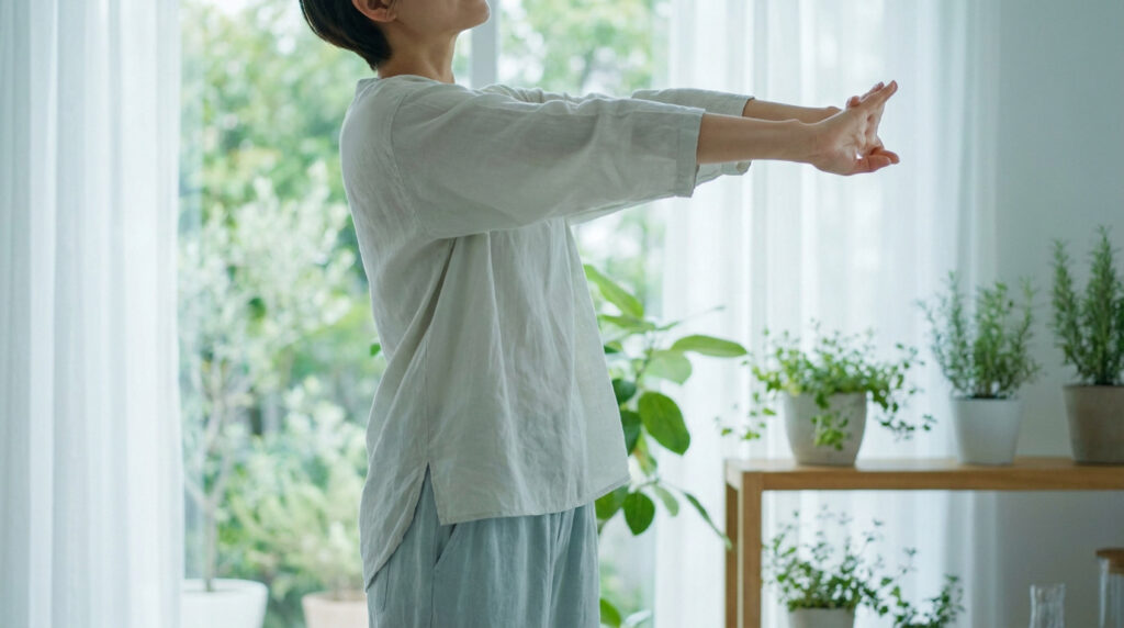 Personne en vêtements légers faisant un étirement doux des bras vers l'avant, dans une pièce lumineuse avec des plantes.