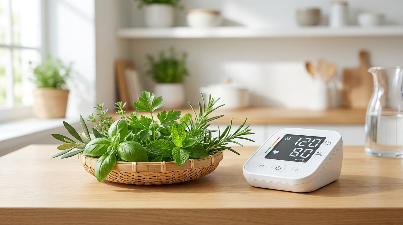 Un tensiomètre affichant 120/80 mmHg à côté d'une corbeille d'herbes fraîches (basilic, menthe, romarin) sur une table.