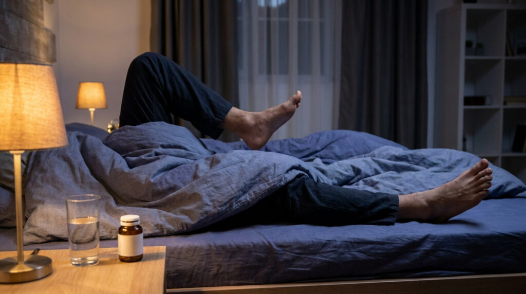 Personne dans son lit la nuit, une jambe tendue et l'autre pliée en raison de crampes. Verre d'eau et médicaments sur la table de chevet.