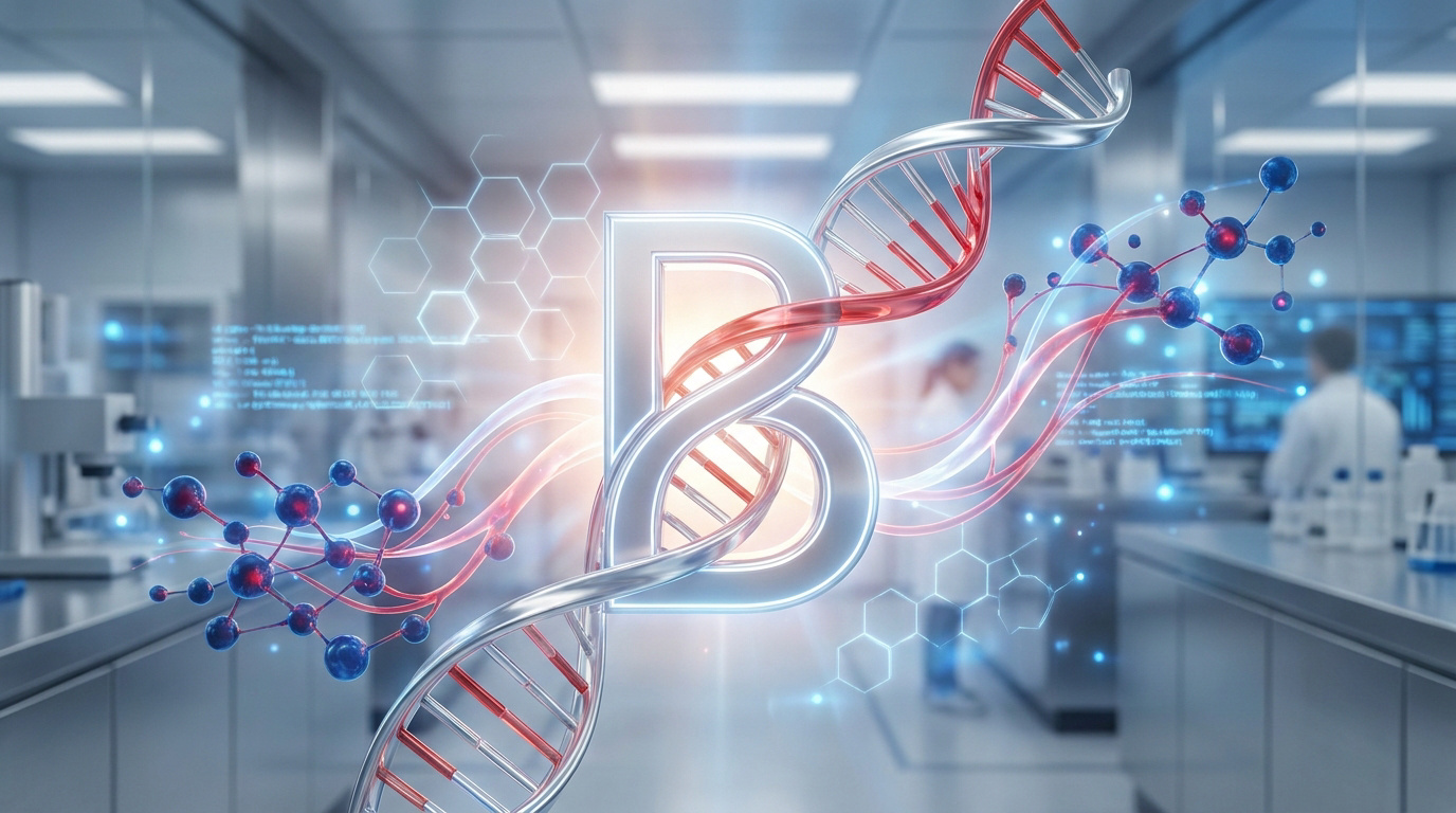 Image futuriste de la lettre B entrelacée avec une hélice d'ADN et des molécules, dans un labo scientifique moderne.