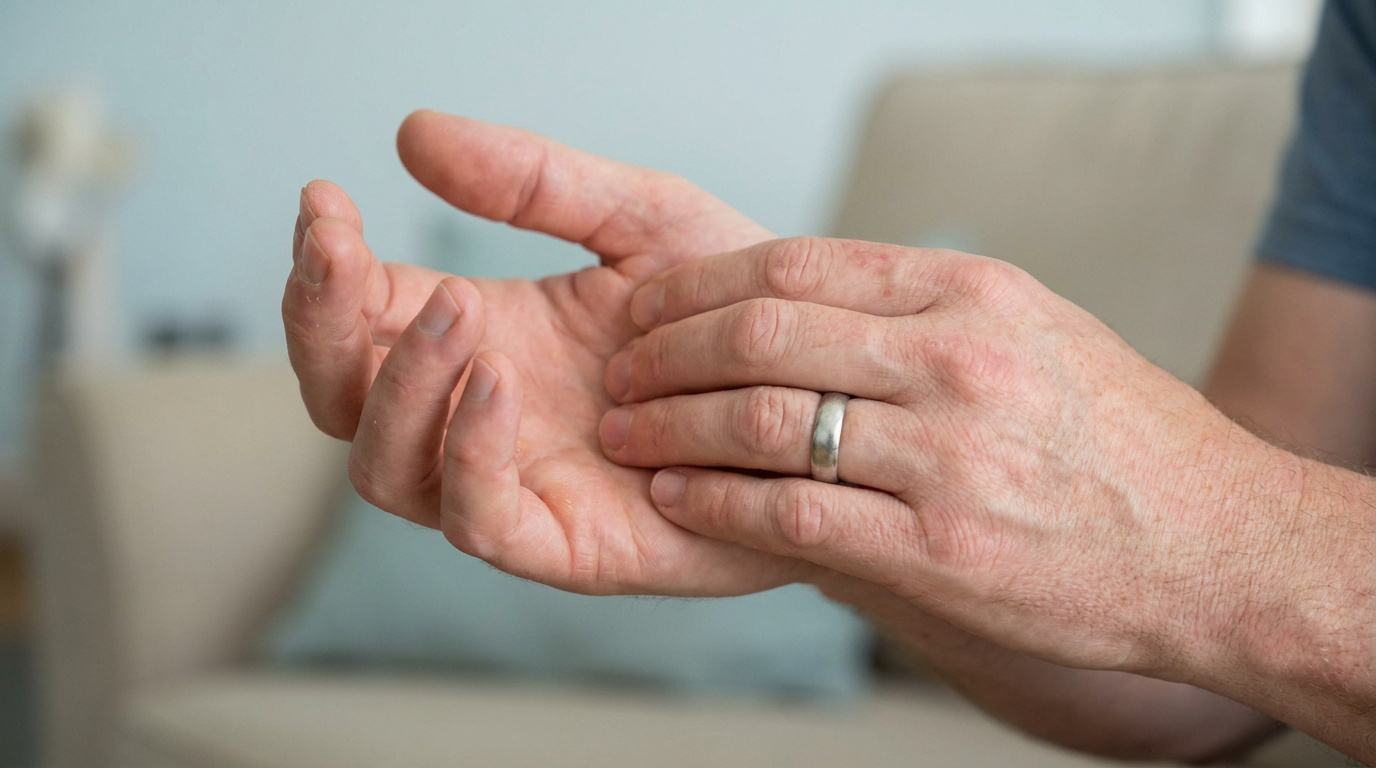 Gros plan sur des mains. Une main frotte la paume de l'autre, qui présente des rougeurs et irritations, indiquant des démangeaisons.
