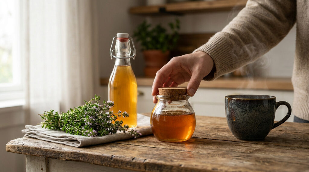 Main posant un couvercle sur un pot de miel, près d'une tasse fumante, de thym frais et d'une bouteille sur une table en bois.