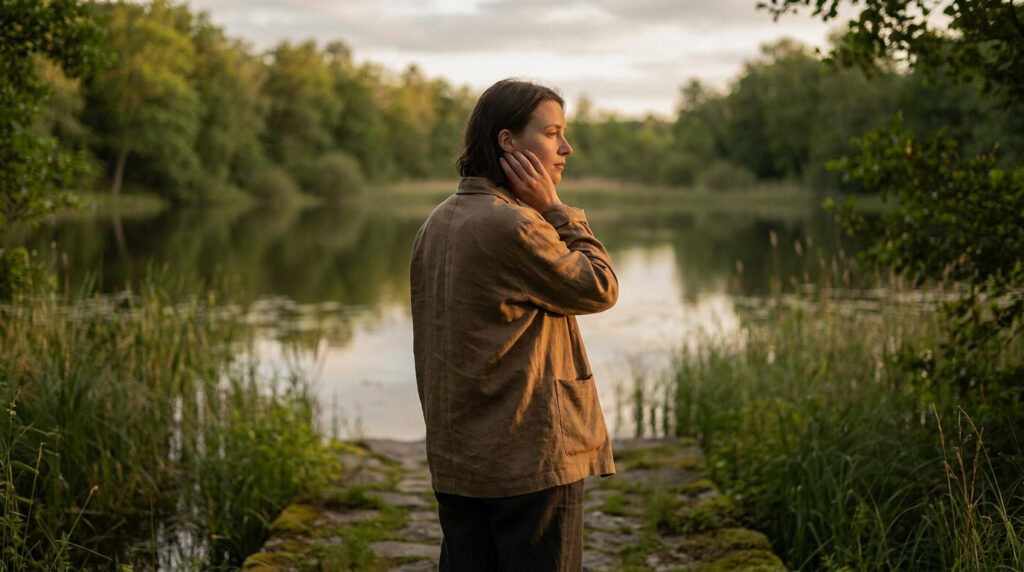 Femme pensive, main à l'oreille, face à un lac serein entouré de verdure, cherchant le calme au coucher du soleil.