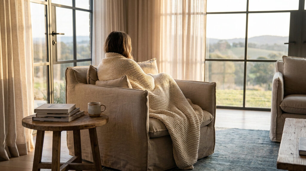 Une personne enveloppée d'une couverture tricotée est assise confortablement dans un fauteuil face à une vue paisible sur la nature.