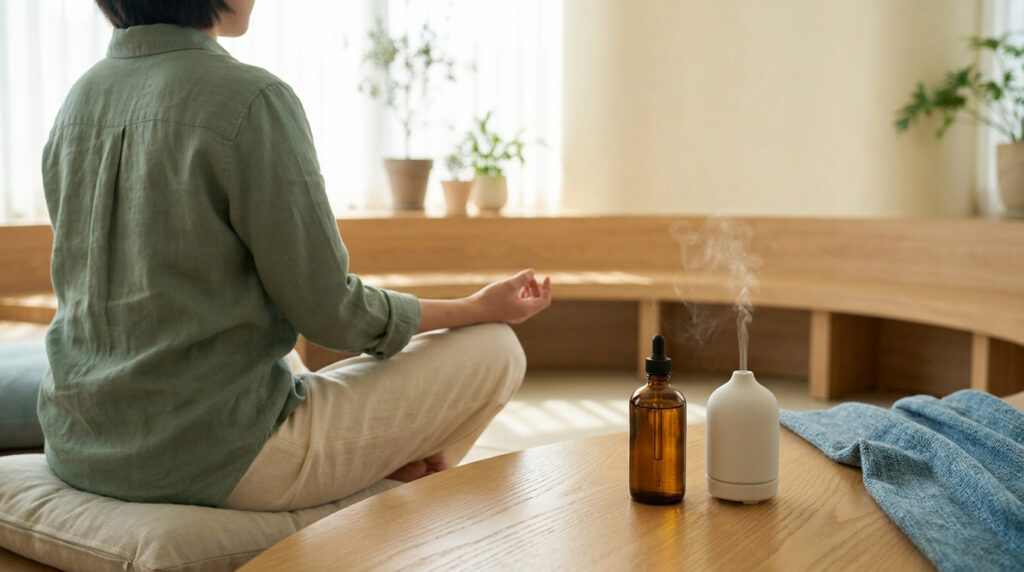 Une personne médite en face d'un diffuseur d'huiles essentielles, bouteille et tissu bleu sur une table en bois dans une pièce lumineuse.