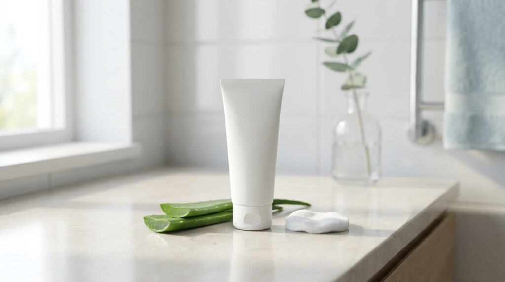 Tube de crème blanc vierge, feuilles d'aloe vera et coton avec crème sur un comptoir de salle de bain lumineux.