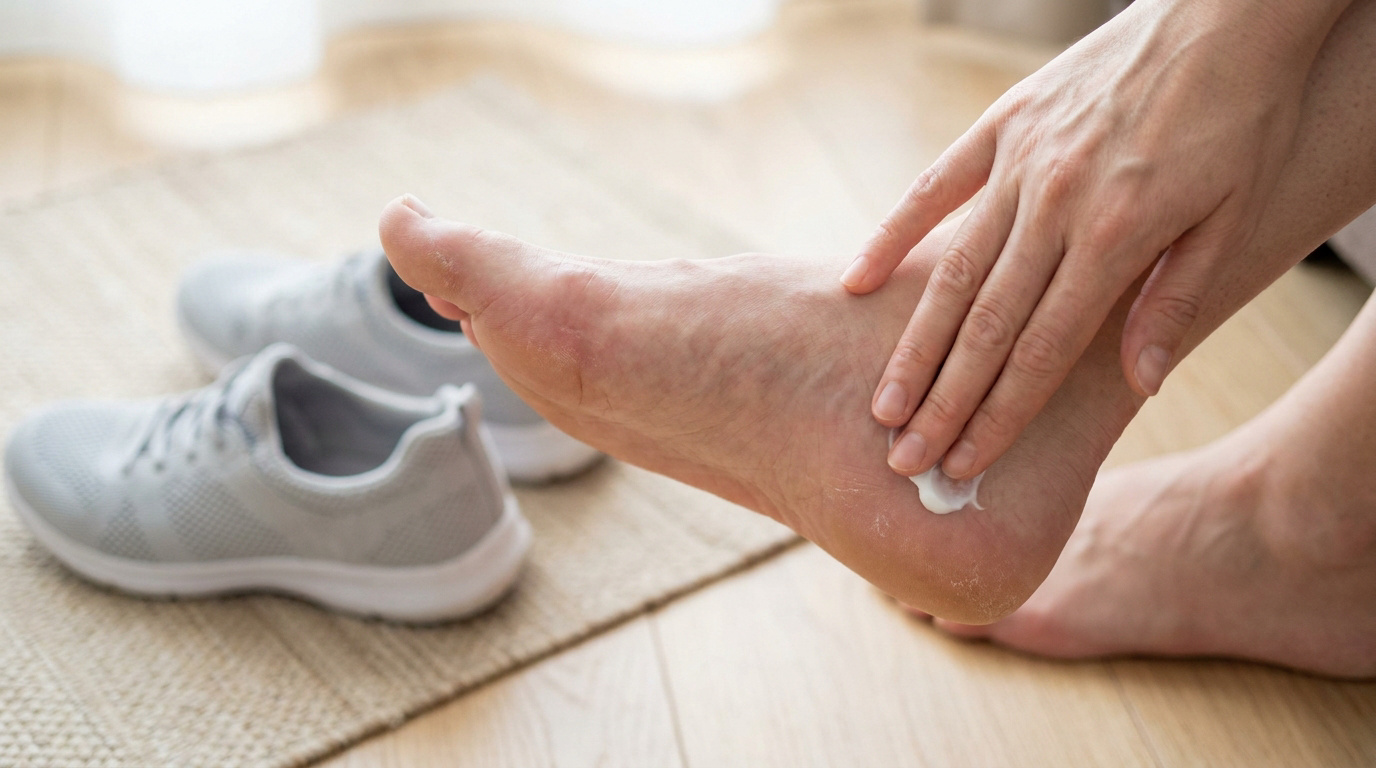 Une personne applique une crème hydratante sur la plante de son pied sec et gercé, avec des chaussures de sport en arrière-plan.