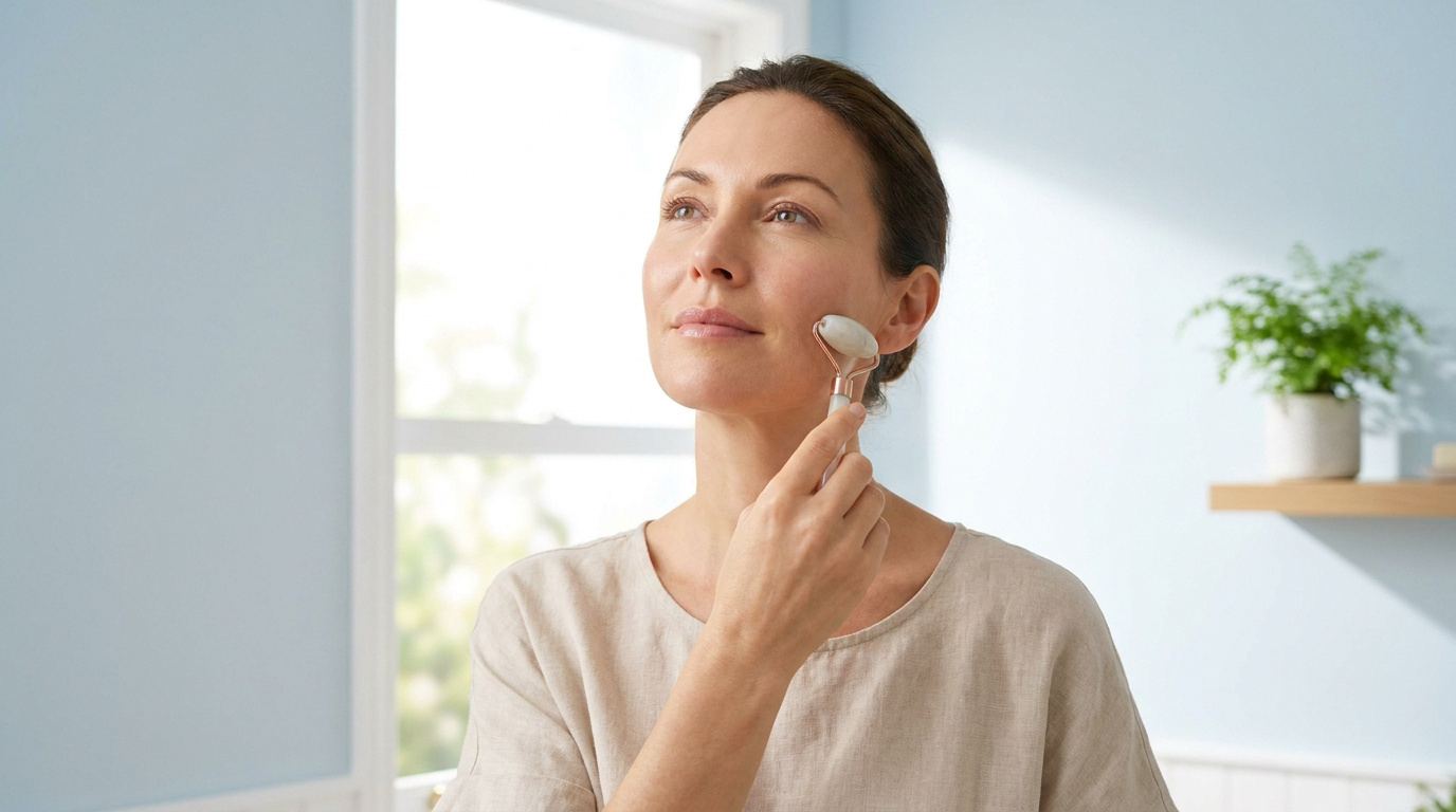 Femme mature utilisant un rouleau de jade sur son visage, avec une expression sereine. En arrière-plan, une fenêtre et une plante.