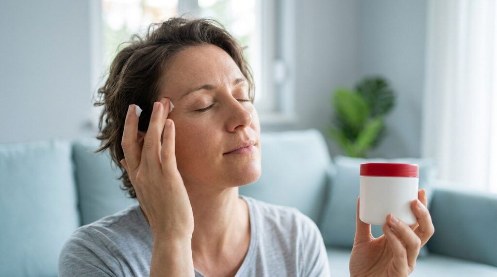 Femme appliquant du baume sur sa tempe pour soulager une migraine, les yeux fermés, tenant un pot de baume du tigre.
