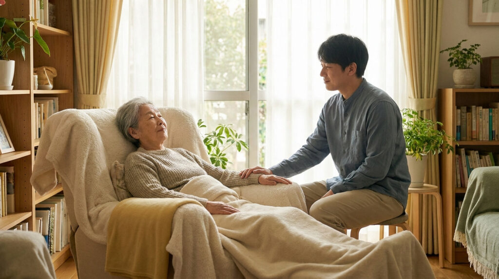Une femme âgée souriante se repose dans un fauteuil, couverte d'une couverture. Un jeune homme lui tient la main avec tendresse.