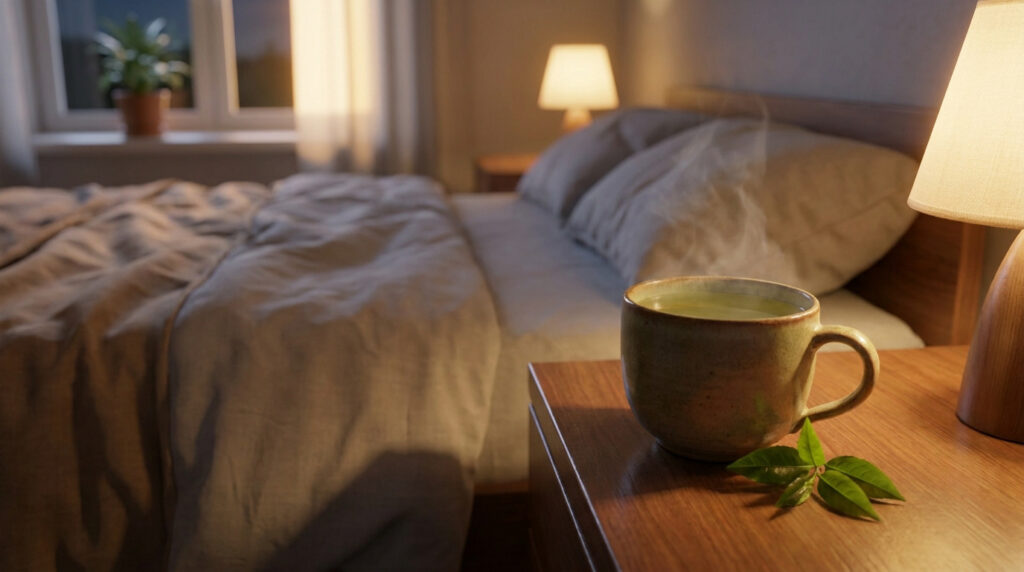 Tasse de thé fumant sur une table de chevet avec une lampe et un lit douillet en arrière-plan, suggérant la détente avant de dormir.