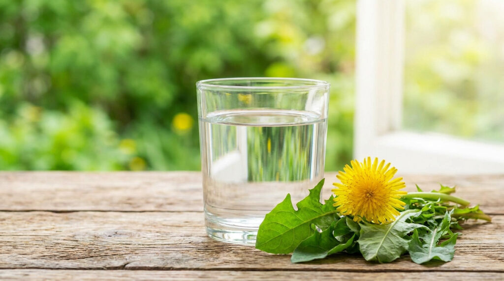 Verre d'eau et pissenlit (fleur jaune et feuilles vertes) sur une table en bois, fond vert flou. Symbole de cure rénale.