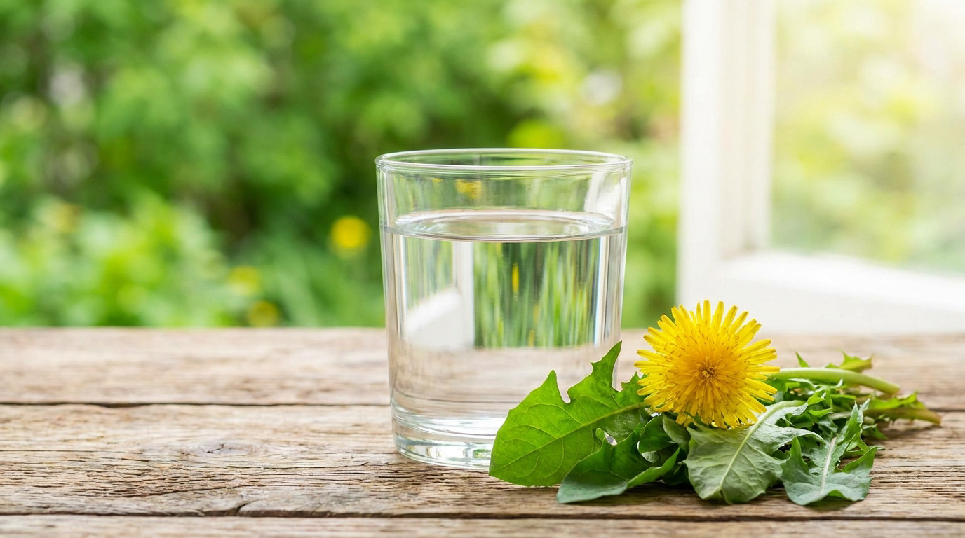 Verre d'eau et pissenlit (fleur jaune et feuilles vertes) sur une table en bois, fond vert flou. Symbole de cure rénale.