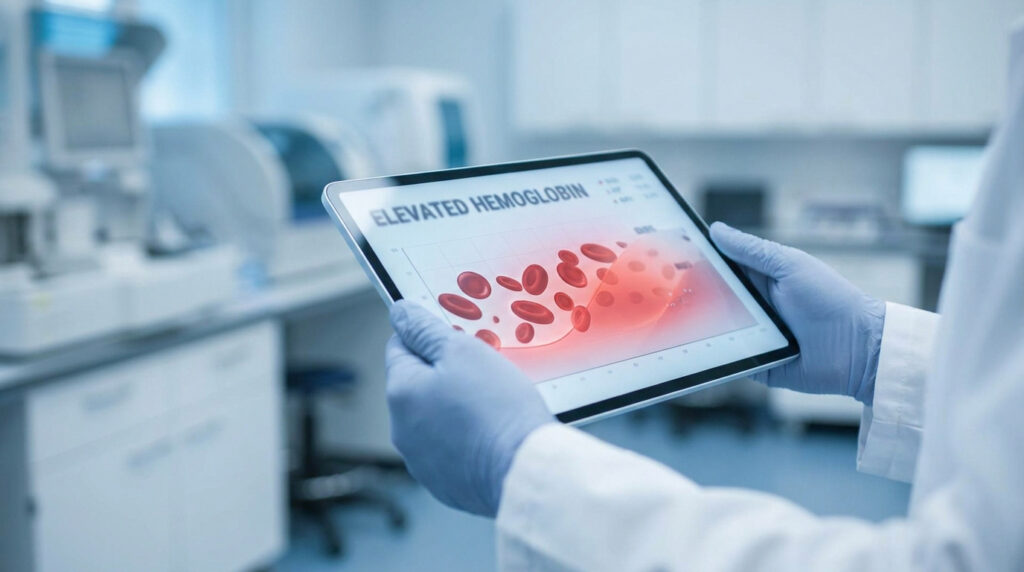Un professionnel de santé en gants bleus tient une tablette affichant un graphique sur l'hémoglobine élevée.