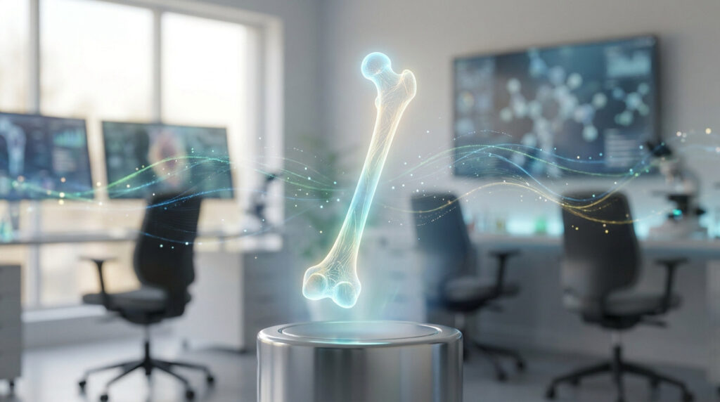 Modèle holographique 3D d'un fémur humain flottant dans un laboratoire médical moderne.