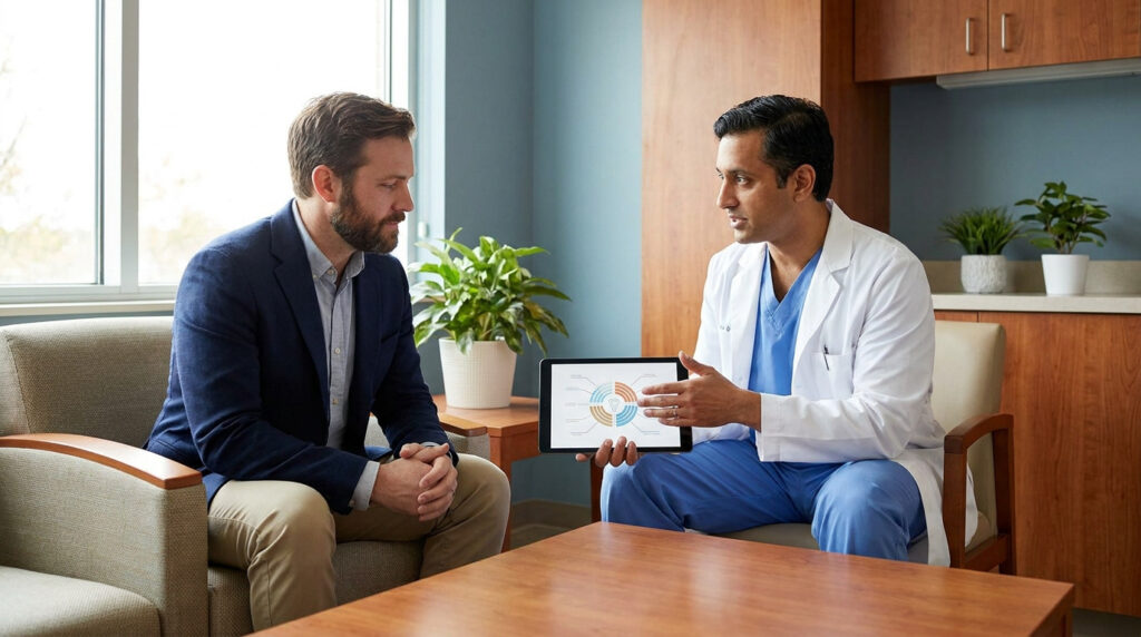 Un médecin montre un graphique sur une tablette à un patient attentif dans un cabinet médical.