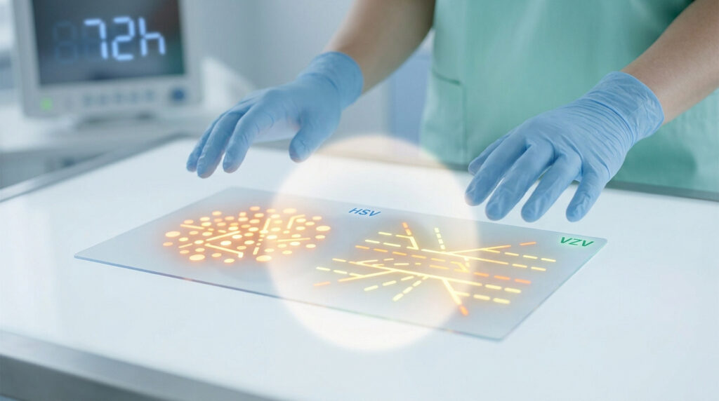 Un professionnel de santé manipule une interface numérique affichant les virus HSV et VZV sur une tablette lumineuse.