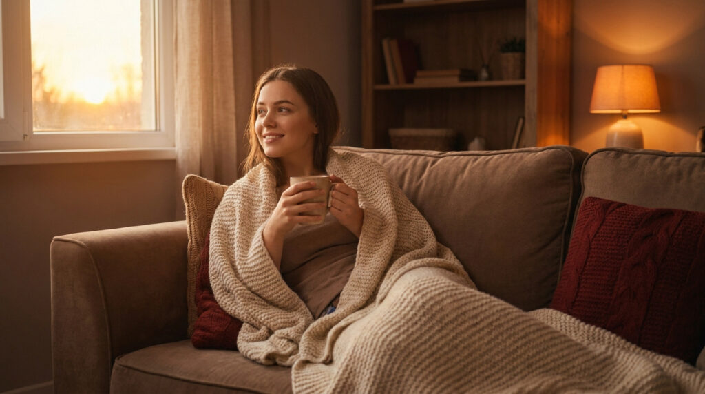 Une jeune femme souriante est assise sur un canapé, enveloppée dans un plaid beige et tenant une tasse de thé.