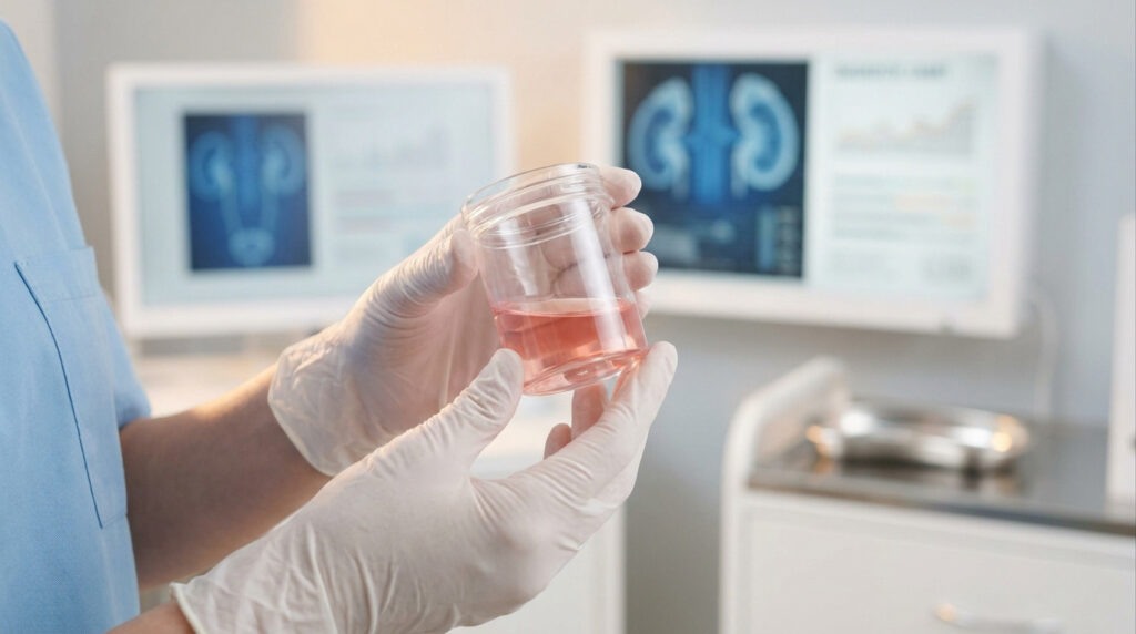 Un professionnel de santé en gants examinant un échantillon d'urine rouge dans un laboratoire médical.