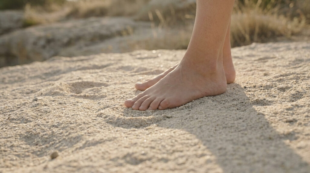 Gros plan sur les pieds d'une personne marchant pieds nus sur un sol sablonneux et rocheux.