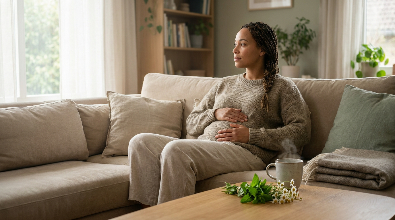 Femme avec des tresses assise sur un canapé, tenant son ventre, avec une tisane et des plantes sur la table basse.