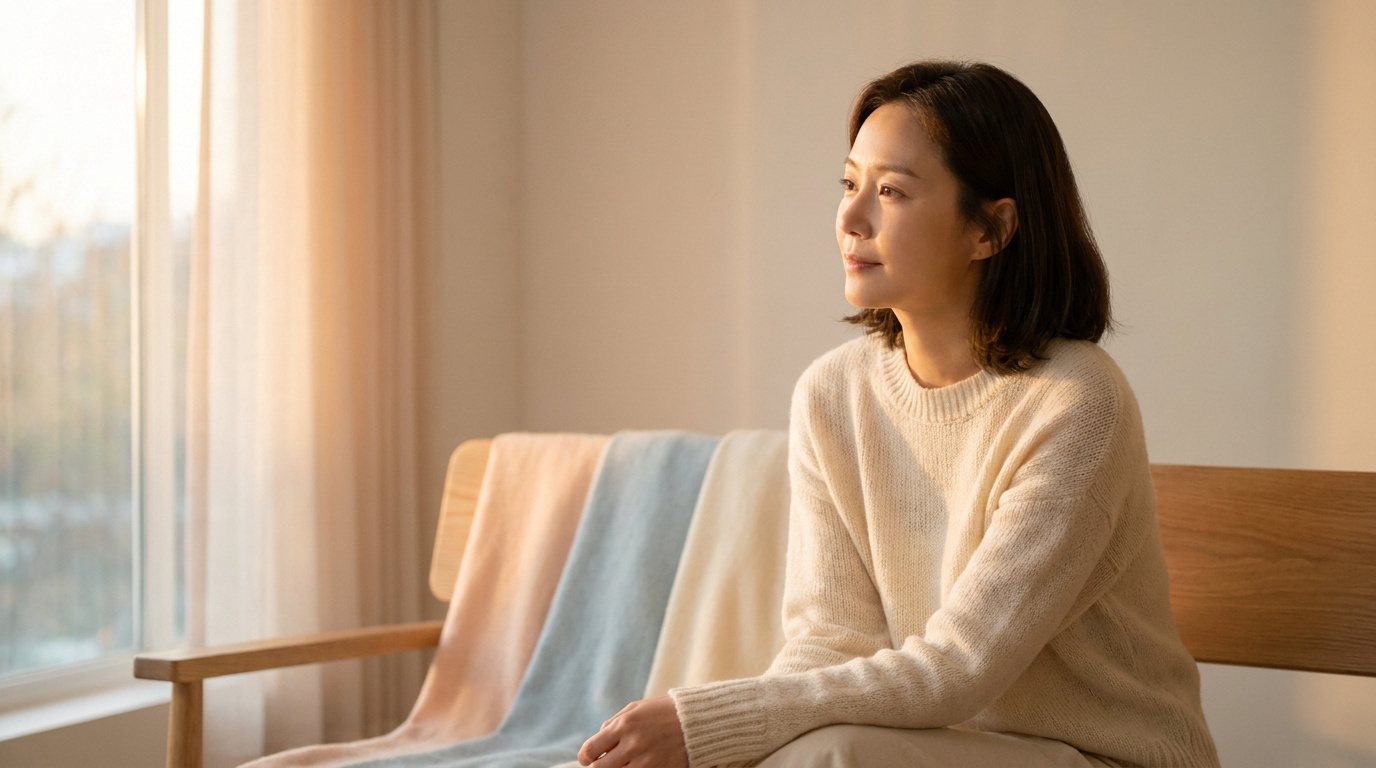 Une femme asiatique en pull beige assise sur un canapé, regardant par la fenêtre avec une expression pensive.