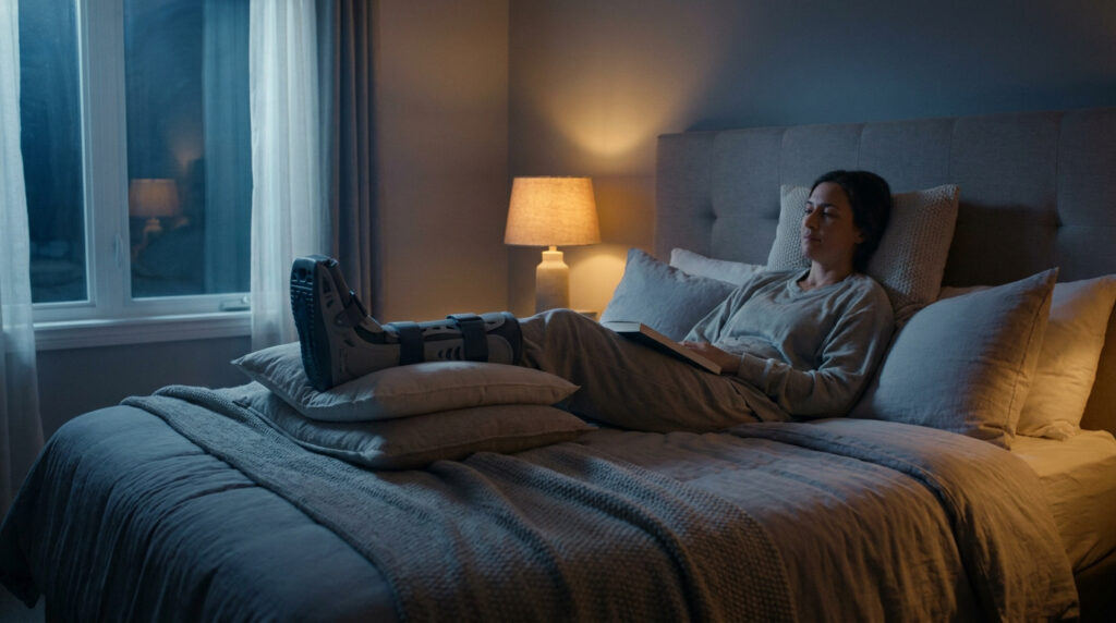 Une femme se repose au lit avec une botte de marche orthopédique surélevée sur des oreillers.