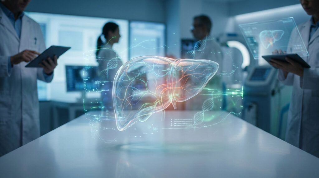 Équipe médicale analysant une projection holographique 3D d'un foie humain dans un laboratoire de recherche.