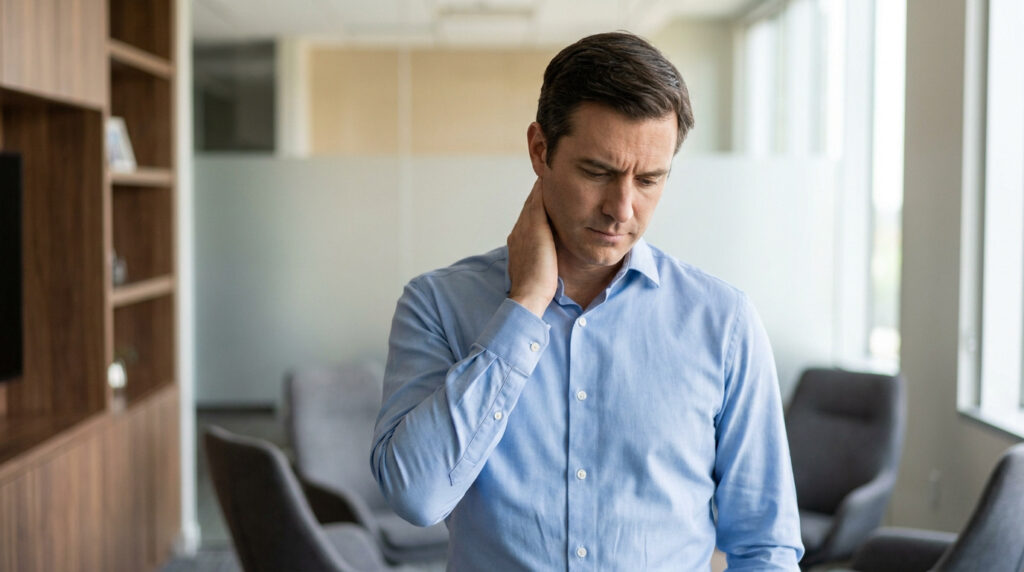 Un homme en chemise bleue dans un bureau se tient la nuque avec une expression de douleur ou d'inconfort.