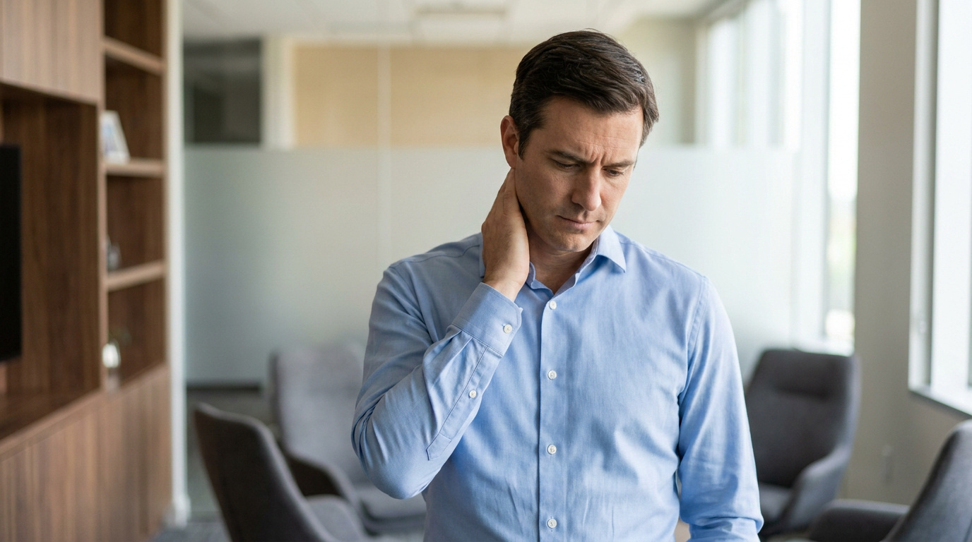 Un homme en chemise bleue dans un bureau se tient la nuque avec une expression de douleur ou d'inconfort.