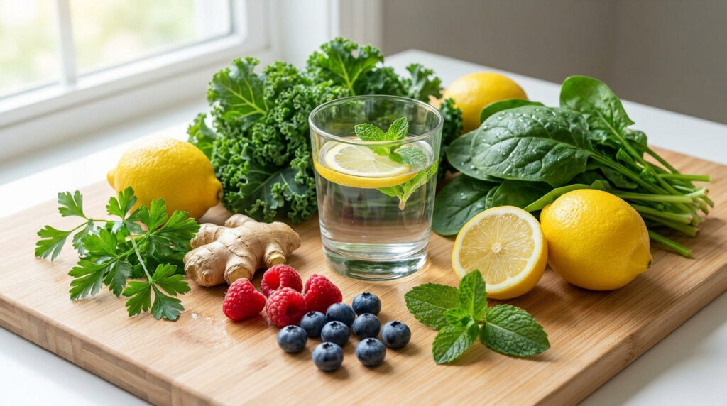 Un verre d'eau citronnée entouré de légumes verts, citrons, gingembre et baies fraîches sur une planche en bois.