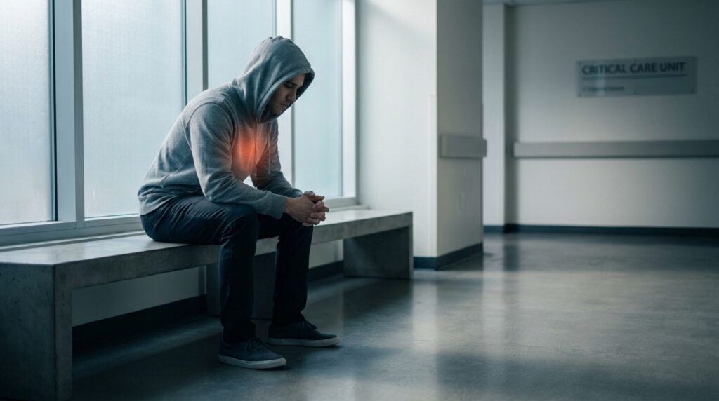 Un homme en sweat à capuche assis seul dans un couloir d'hôpital, une lueur rouge sur sa poitrine symbolisant la douleur.