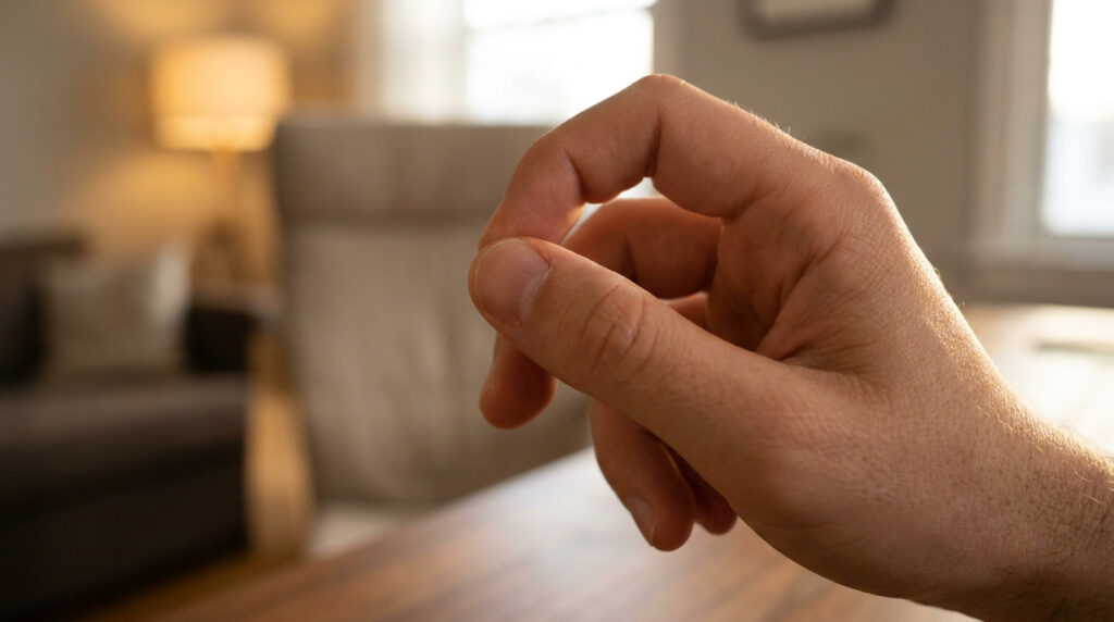 Main humaine dans une position relâchée devant un intérieur de maison flou, symbolisant une sensation d'engourdissement.