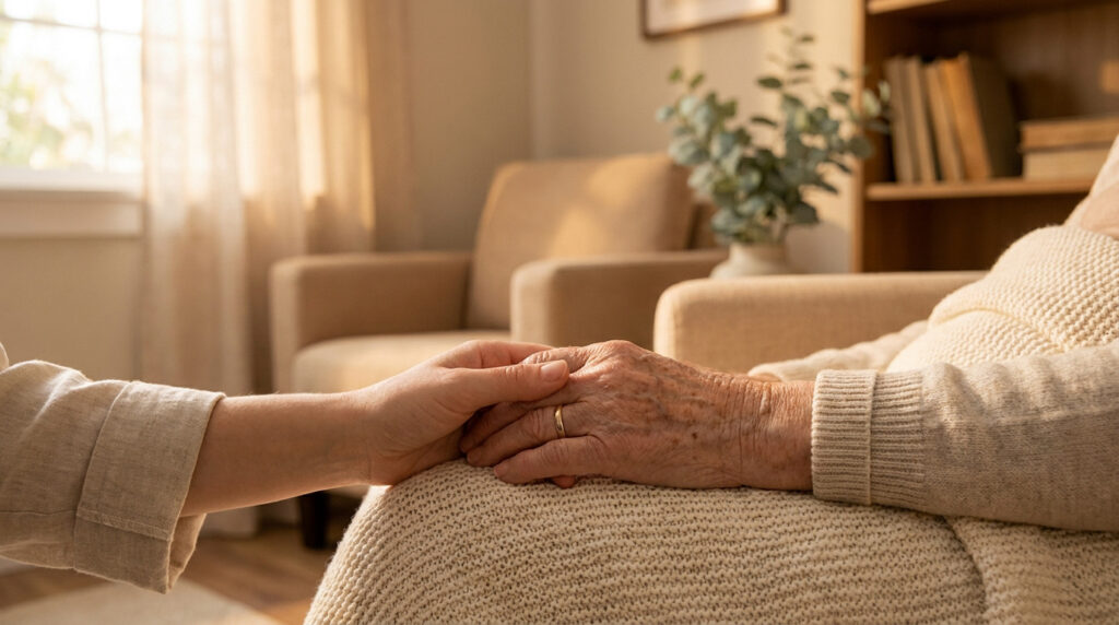 Une main jeune tenant tendrement la main ridée d'une personne âgée dans un intérieur chaleureux et lumineux.
