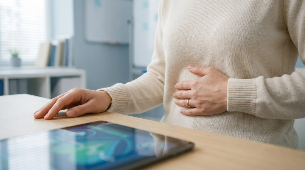 Une personne assise à un bureau, tenant son abdomen avec une main en signe de douleur ou d'inconfort.