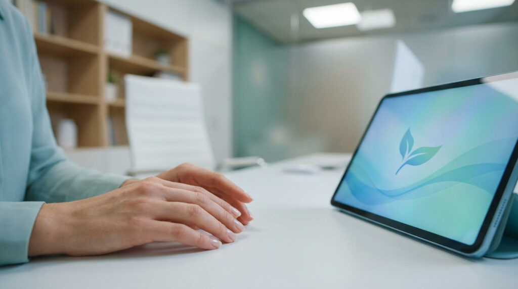 Mains d'une personne devant une tablette affichant un logo de feuille dans un cabinet médical moderne.