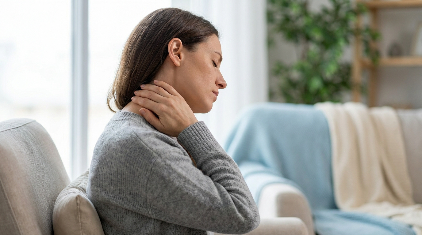 Une femme assise dans un fauteuil, tenant sa nuque avec douleur.
