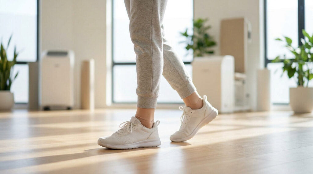 Une personne portant un bandage de cheville marche avec des baskets dans un espace lumineux.