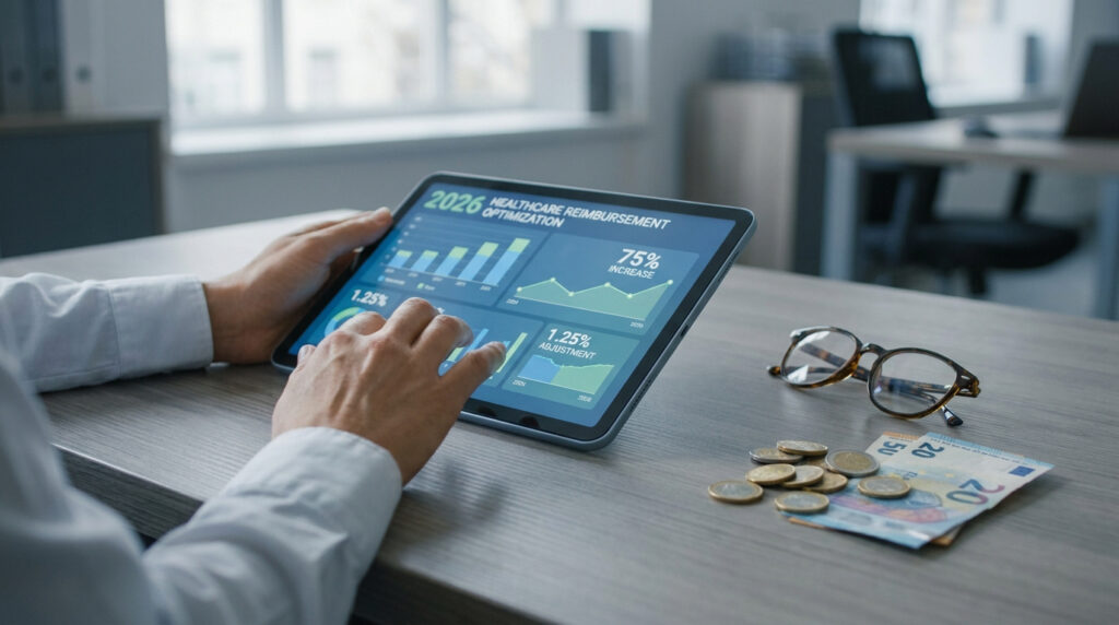 Une personne consulte des graphiques financiers sur une tablette numérique avec des pièces et des billets en euros.