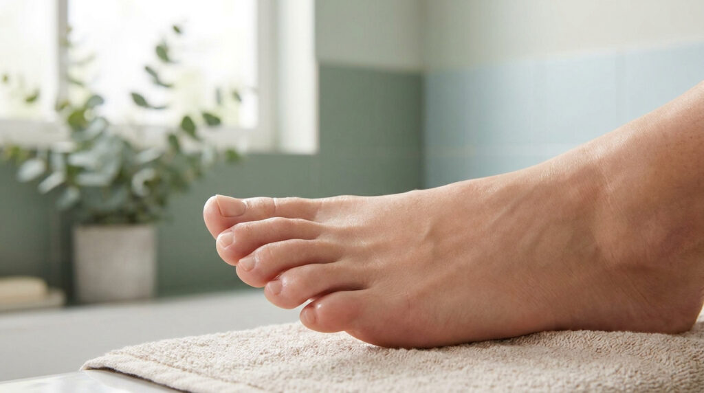 Gros plan sur un pied posé sur une serviette dans une salle de bain lumineuse.