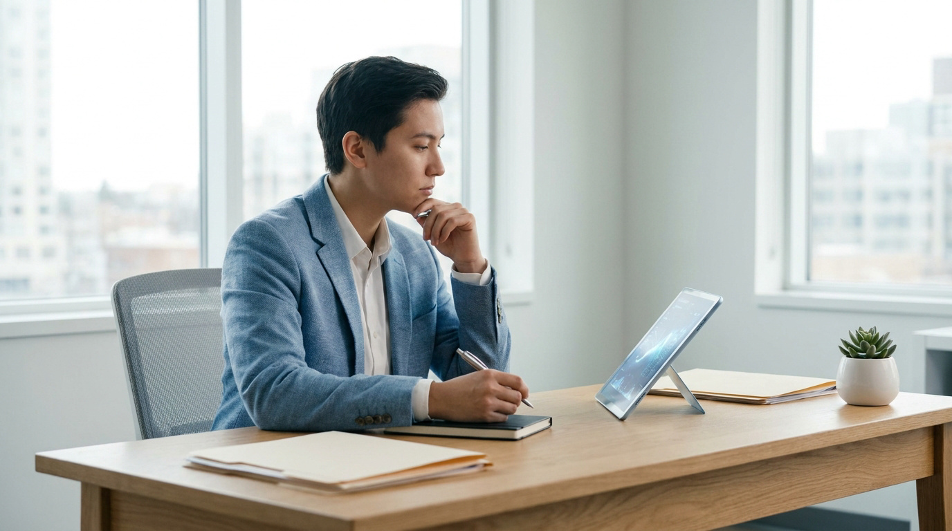 Un professionnel en veste bleue travaillant sur une tablette numérique dans un bureau lumineux.