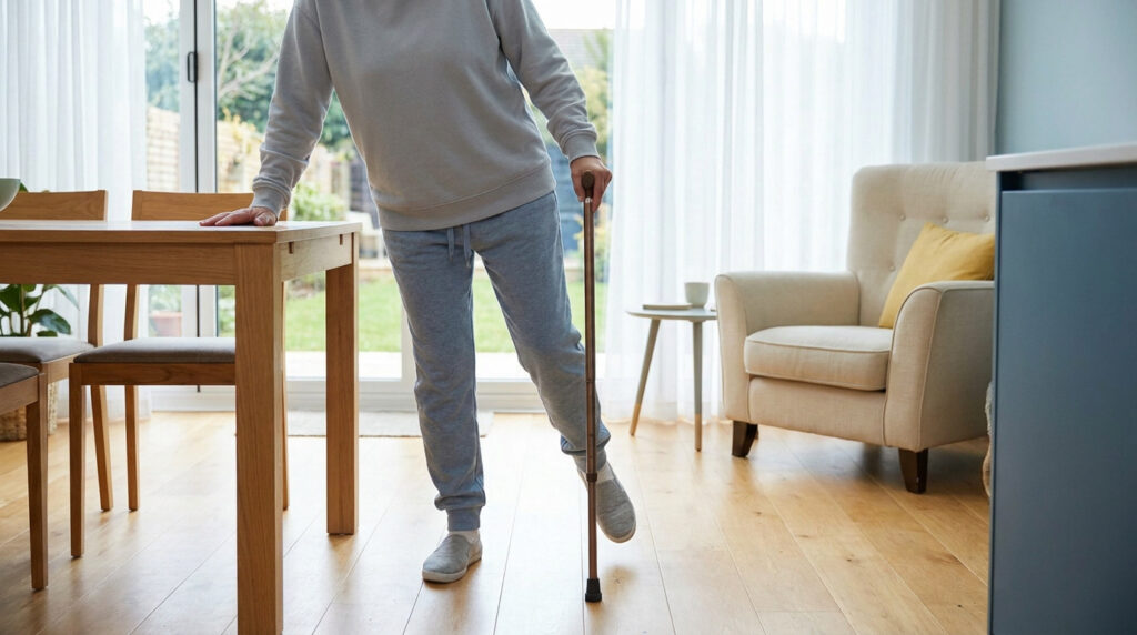 Une personne âgée utilise une canne et une table pour se stabiliser en marchant chez elle après une opération.