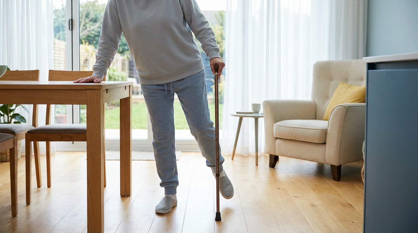 Une personne âgée utilise une canne et une table pour se stabiliser en marchant chez elle après une opération.