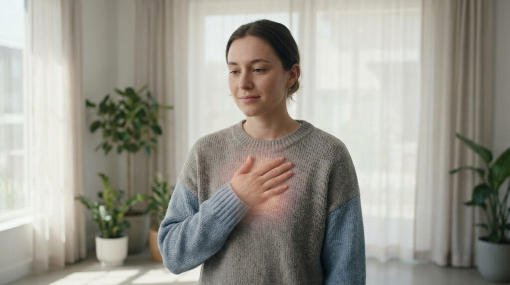 Une femme calme pose sa main sur sa poitrine où luit une lueur douce, évoquant la gestion des palpitations.