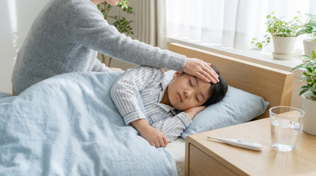 Une mère pose sa main sur le front de son enfant malade couché dans son lit pour vérifier sa température.